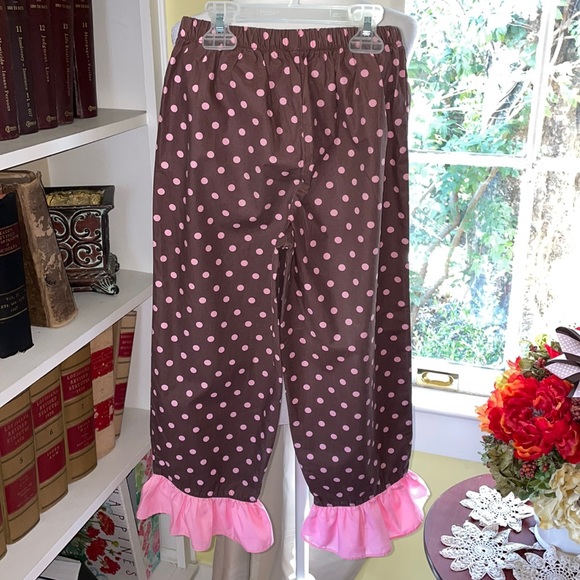Girls Boutique Pink Polka Dot Monogram J Ruffle Pants Set With Custom Bow - Picture 7 of 8